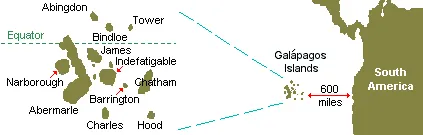 Map of Galpagos Islands in relationship to South America 600 miles to the east