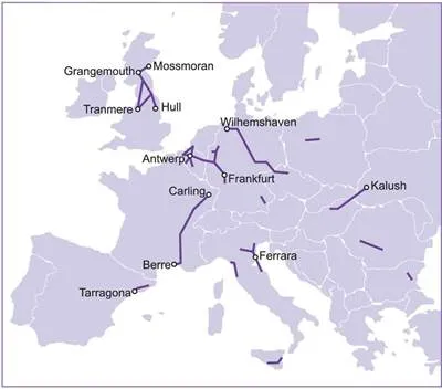 A map of Europe on which he pipelines carrying ethene are shown. They include pipelines across the UK, France, Belgium, the Netherlands, Spain and Germany, connecting refineries
