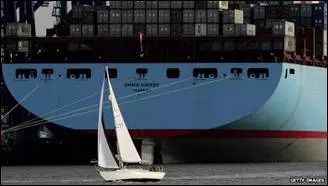 A small yacht in front of Emma Maersk at Felixstowe, 2006