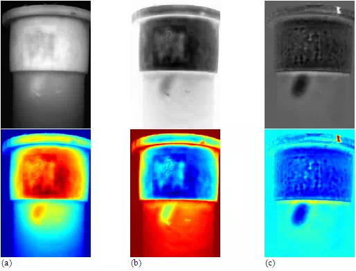 Description: Figure 6: Defect 'A': (a) gray (top) and 'jet' (bottom) raw thermograms at t=0.92 s; (b) first time derivative image (from a 7th degree polynomial fitting) at t=2.85 s; (c) second derivative at t=1.49 s.