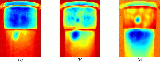 Description: Figure 7: Defect 'B' second derivative images (from a 7th degree polynomial fitting) at t=(a) 1.26 s; (b) 3.19 s; (c) 7.51 s.