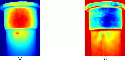 Description: Figure 8: Defect 'C'. (a) raw themogram at t=1.26 s; (b) second derivative image (from a 7th degree polynomial fitting) 2.17 s.