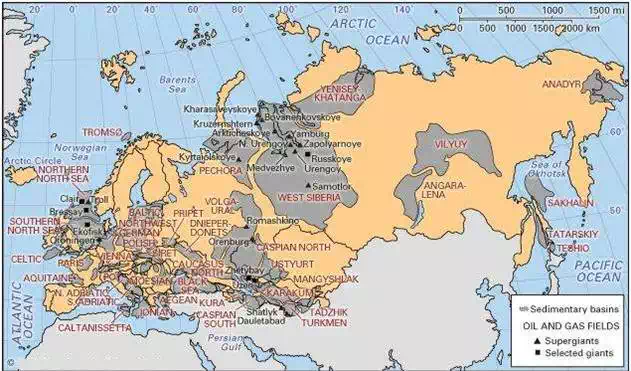 Sedimentary basins and major oil and gas fields of Europe, Russia, Transcaucasia, and Central Asia.