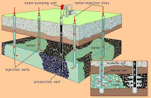 The recovery of petroleum through waterflooding. (Background) Water is pumped into the oil reservoir from several sites around the field; (inset) within the formation, the injected water forces oil toward the production well. Oil and water are pumped to the surface together.