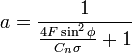 Description: a=\frac{1}{\frac{4F\sin^2\phi}{C_n\sigma}+1}