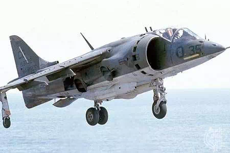 AV-8 Harrier V/STOL jet fighter, produced for the U.S. Marines, 1983. Developed by Hawker Siddeley Aviation (later part of BAE Systems), the original model first flew in 1966. Adjustable engine nozzles allowed the Harrier to take off straight up or with a short roll.