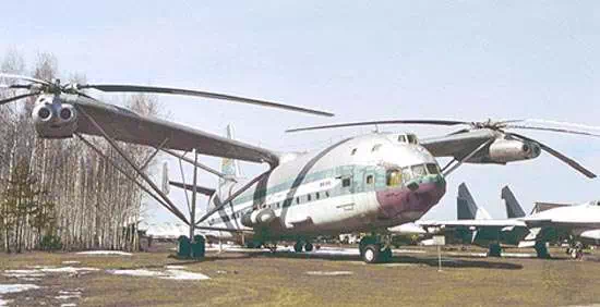 Mil Mi-12 heavy-lift transport helicopter. Powered by two pairs of turboshaft engines, the Mi-12 was the largest helicopter ever built. It was flown in the U.S.S.R. in tests during the late 1960s but never put into production.