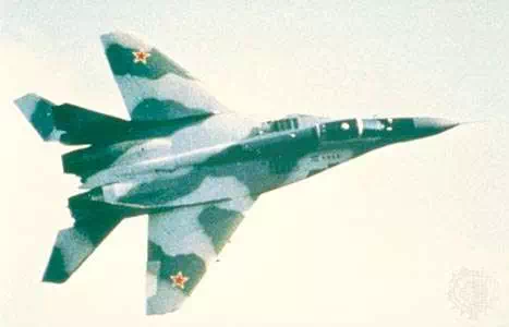 MiG-29, a Russian twin-engine attack light interceptor. The first prototype flew in 1977. Modern variants of the aircraft are widely exported.