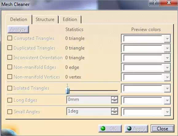 Catia tutorial: Mesh cleaner tool panel on the automatic correction tool