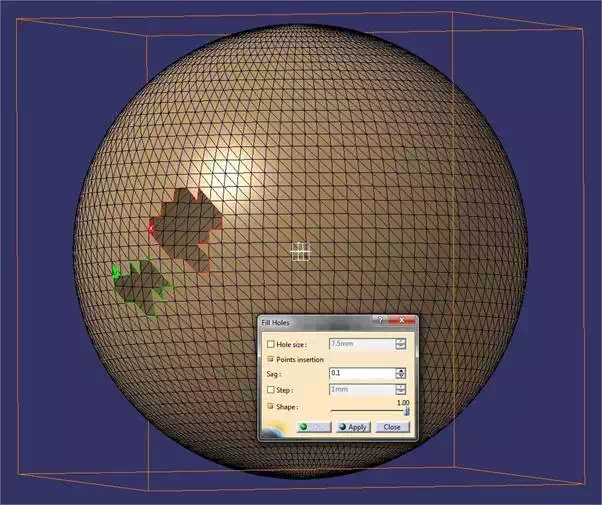 Catia tutorial: Fixing holes with the Hole filling tool on a spherical shell