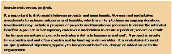 Text Box: Investments versus projects
It is important to distinguish between projects and investments. Government undertakes investments to achieve outcomes and benefits, which are likely to have an ongoing duration. Investments may include a program of projects and transitional processes to derive the intended benefits. A project is ‘a temporary endeavour undertaken to create a product, service or result. The temporary nature of projects indicates a definite beginning and end’.  A project is usually time-constrained and often constrained by funding or deliverables.  It is undertaken to meet unique goals and objectives, typically to bring about beneficial change or added value to the organisation.
