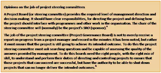Text Box: Opinions on the job of project steering committees
A Project Board (or steering committee) provides the required level of management direction and decision making. It should have clear responsibilities, for directing the project and defining how the project should interface with programmes and other work in the organisation. The chair of the steering committee will (normally) be the project’s SRO (sponsor).a
The job of the project steering committee (Project Governance Board) is not to merely receive a report on progress from a project manager and record in the minutes it has been noted, but rather it must ensure that the project is still going to achieve its intended outcome. To do this the project steering committee must ask searching questions and be capable of assessing the quality of the answers provided by management. To do this boards need the right people, with the right mix of skill, to understand and perform their duties of directing and controlling projects to ensure that those projects that can succeed are successful, but have the authority to be able to shut down projects that can no longer deliver the intended outcomes.b
