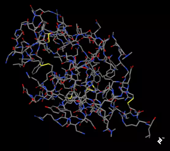 Description: Stick representation with CPK coloring showing sulfur disulfide bonds in yellow