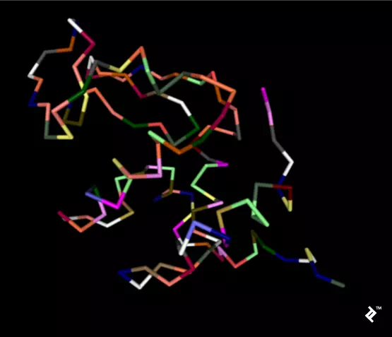 Description: Simplified protein backbone colored by amino acids where cysteines are yellow